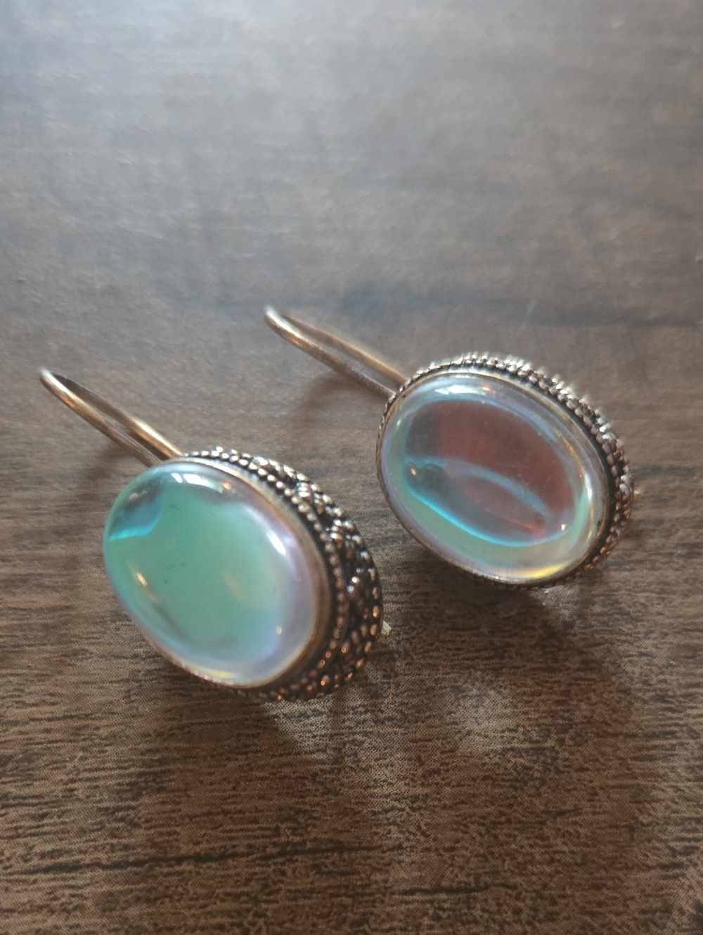 Sterling Silver Opal-Effect Glass Drop Earrings in Iridescent Blue-Green